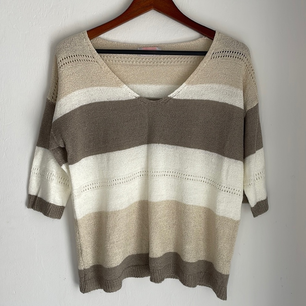C+D+M Sweater V Neck Oversized Size Small Striped Short Sleeve Lightweight